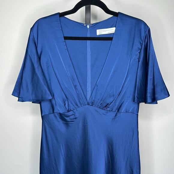 NWT IEENA for MAC DUGGAL Blue Flutter Sleeve V-Neck Satin Maxi Gown Women’s - Picture 3 of 10
